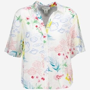 Rachel Zoe White Blue Green Floral Tea Watercolor Short Sleeve Blouse Large